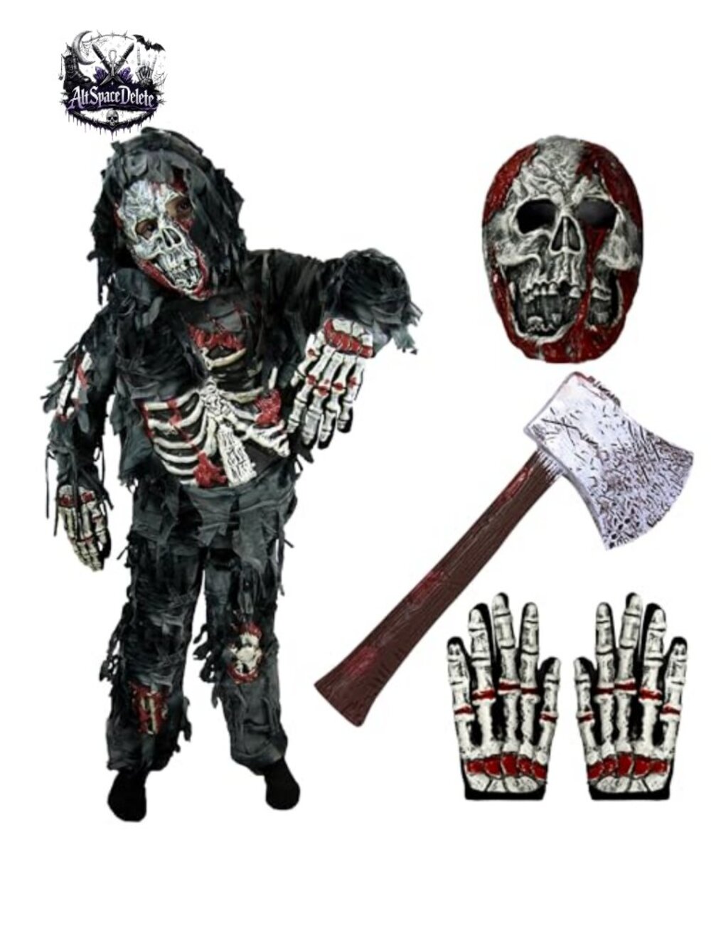 Kids Zombie Costume 5-Piece Set Halloween Pretend Play